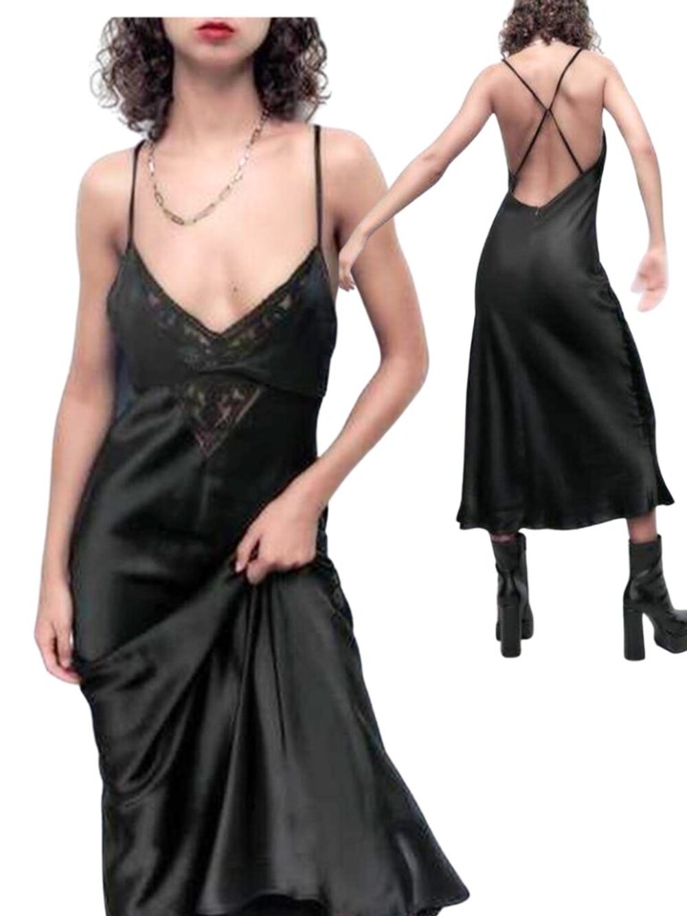 ZARA Black Satin Slip Dress w Lace Detail. Size XS.